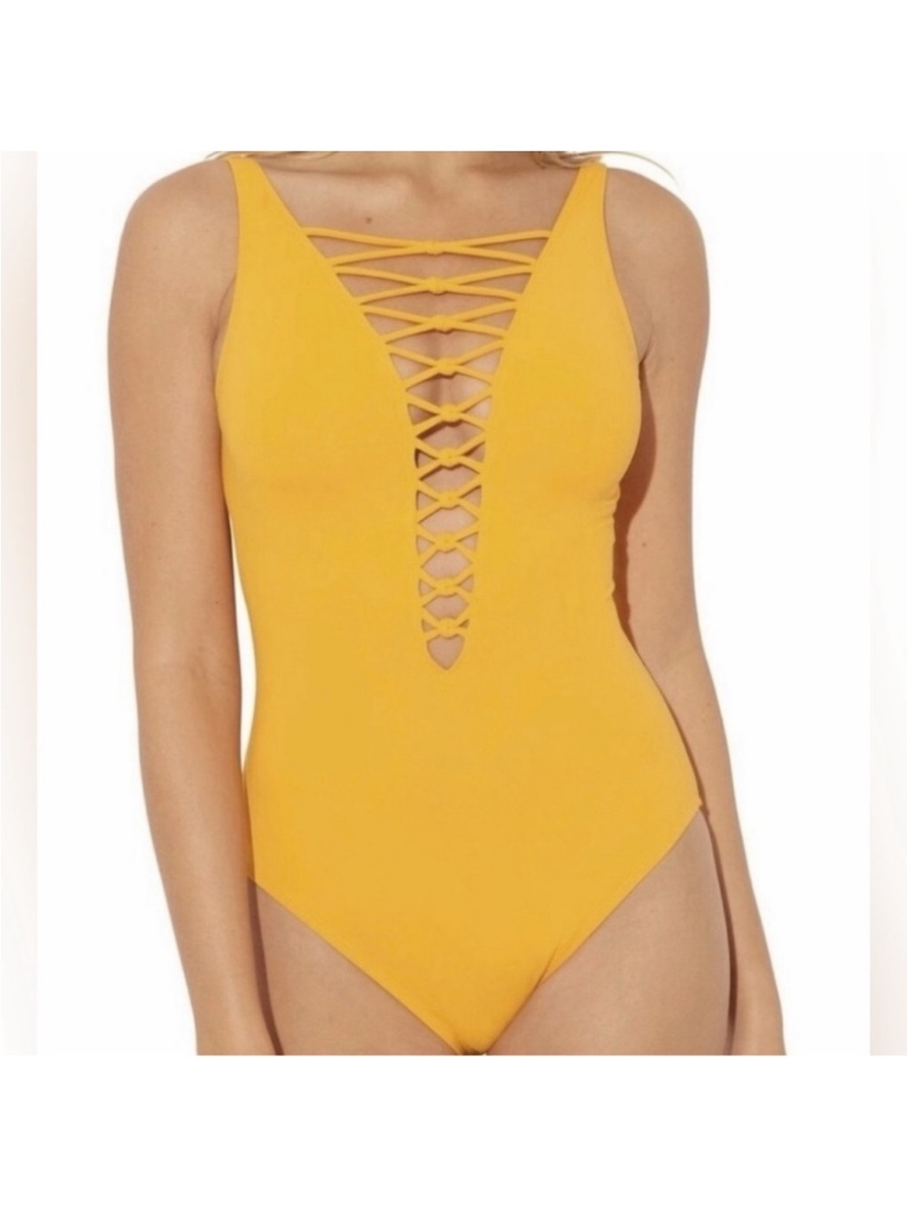 Bleu Rod Beattie Lemon Drop Knotted Lace Up One Piece Swimsuit Size 8 NWT